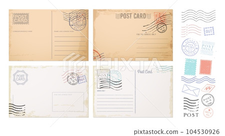 Antique postcards, retro postage stamps and vintage mail. Old paper post card or letter vector templates with blank address frame border lines, grunge postage stamps and post office postmarks 104530926