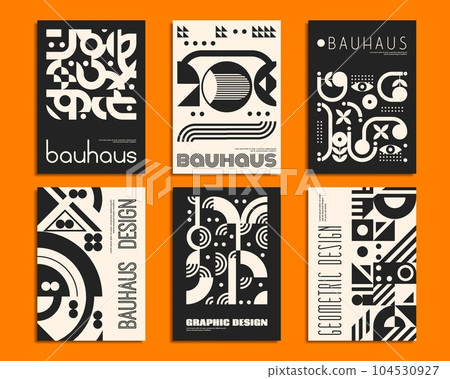 Monochrome abstract geometric patterns and Bauhaus posters, vector retro backgrounds. Bauhaus pattern posters with black and white simple shape elements, Swiss or Scandinavian art mosaic patterns Monochrome abstract geometric patterns and Bauhaus posters, vector retro backgrounds. Bauhaus pattern posters with black and white simple shape elements, Swiss or Scandinavian art mosaic patterns 104530927