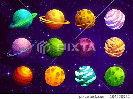 Cartoon aline fantasy space planets of galaxy world game, vector elements. Space asteroids and stars, earth and moon planets with craters, galaxy universe or cosmos satellite planets with saturn rings Cartoon aline fantasy space planets of galaxy world game, vector elements. Space asteroids and stars, earth and moon planets with craters, galaxy universe or cosmos satellite planets with saturn rings 104530952