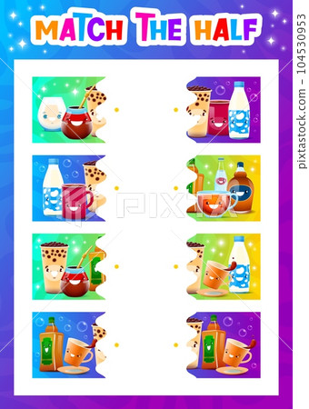 Match the half of cartoon drink characters. Vector kids matching pair game worksheet, puzzle with rum, mexican pulque and coffee or tea cups, bubble cocktail, milk and soda water bottle personages 104530953