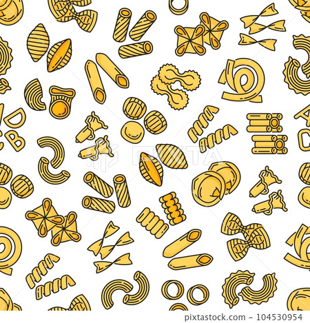 Pasta type outline seamless pattern. Wrapping paper outline vector backdrop, textile or fabric print with line konkiloni, farfalle, maccheroni, tortelloni and rigatoni, eliche, filini Italian pasta Pasta type outline seamless pattern. Wrapping paper outline vector backdrop, textile or fabric print with line konkiloni, farfalle, maccheroni, tortelloni and rigatoni, eliche, filini Italian pasta 104530954
