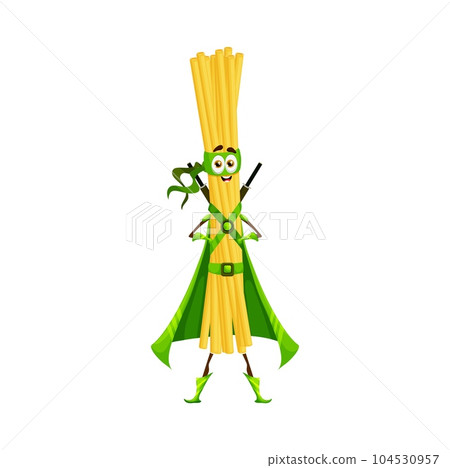 Cartoon superhero pasta character, bucatini in super hero costume, vector warrior. Kids funny character of Italian pasta, bucatini superhero knight or guardian in green mask and power cape with swords Cartoon superhero pasta character, bucatini in super hero costume, vector warrior. Kids funny character of Italian pasta, bucatini superhero knight or guardian in green mask and power cape with swords 104530957