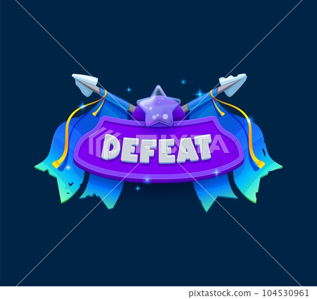 Defeat game badge or shield, ui fantasy arcade final banner. Isolated level end label, pop up medieval videogame screen. Lose battle sign with star, broken spears or arrows and blue ragged flags Defeat game badge or shield, ui fantasy arcade final banner. Isolated level end label, pop up medieval videogame screen. Lose battle sign with star, broken spears or arrows and blue ragged flags 104530961
