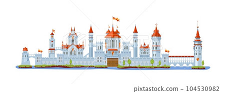 Medieval fortress castle. Gate, tower and turret, bridge, fort, wall and palace. Isolated cartoon vector impenetrable architecture featuring towering stone facade with imposing drawbridge and flags 104530982