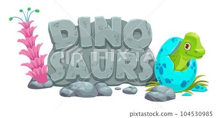 Cartoon dino reptile animal character with egg. Extinct lizard, prehistoric animal or Jurassic era reptile happy vector mascot. Paleontology Brachiosaurus baby dinosaur comical personage in egg Cartoon dino reptile animal character with egg. Extinct lizard, prehistoric animal or Jurassic era reptile happy vector mascot. Paleontology Brachiosaurus baby dinosaur comical personage in egg 104530985