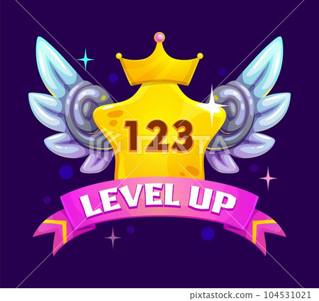 Game interface level up badge and win icon. Arcade game achievement prize, gaming level up or task complete vector symbol. Casino winner, gambling victory award with golden crown, star and wings 104531021