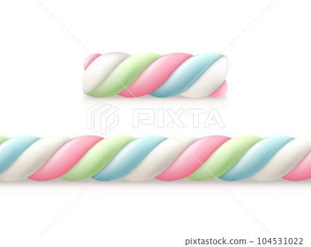 Realistic marshmallow, isolated 3d vector sweet, fluffy confection made from sugar, corn syrup, and gelatin. Twisted white, pink, blue and green pastel colored candy, snack with soft gummy texture 104531022