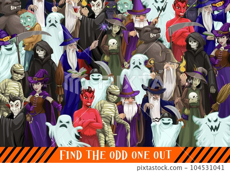 Halloween characters quiz game. Find the odd one out puzzle or vector riddle with ghost, wizard and witch, Dracula vampire, devil of hell demon, mummy and zombie character, werewolf, death Grim Reaper Halloween characters quiz game. Find the odd one out puzzle or vector riddle with ghost, wizard and witch, Dracula vampire, devil of hell demon, mummy and zombie character, werewolf, death Grim Reaper 104531041