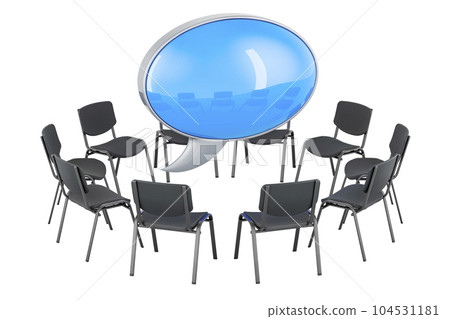 Coaching, meeting concept. Chairs in a circle with speech bubble, 3D rendering Coaching, meeting concept. Chairs in a circle with speech bubble, 3D rendering 104531181