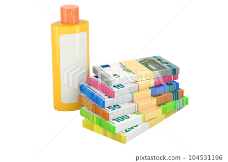 Orange plastic cosmetic bottle with euro packs. 3D rendering 104531196