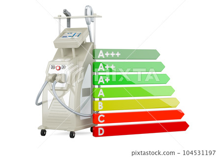 Professional Laser Tattoo Removal Machine with energy efficiency chart. 3D rendering 104531197
