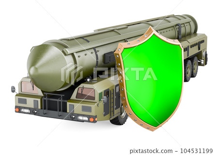 Scud missile, mobile short-range ballistic missile system with shield. 3D rendering Scud missile, mobile short-range ballistic missile system with shield. 3D rendering 104531199