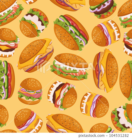 Vibrant And Delicious Seamless Pattern with Different Burgers Arranged In A Playful And Appealing Design, Illustration 104531282