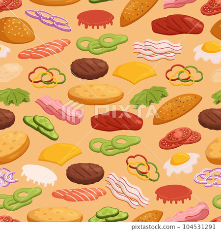 Seamless Pattern Featuring A Delightful Arrangement Of Burger Ingredients, Including Juicy Meat, Fresh Lettuce, Tomatoes 104531291