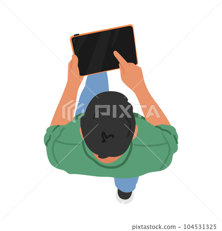 Top View Image Of A Man Walking While Holding A Tablet Device, Male Character Showcasing Modern Technology 104531325