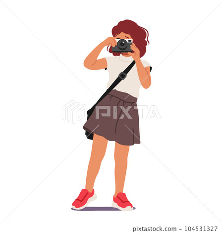 Energetic Kid Capturing Moment With Photo Camera. Little Girl Character Exploring Surroundings And Preserving Memories 104531327
