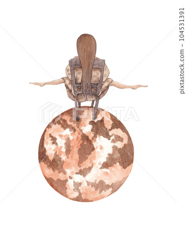 The girl sits on a chair on a planet in space. Isolated watercolor illustration The girl sits on a chair on a planet in space. Isolated watercolor illustration 104531391