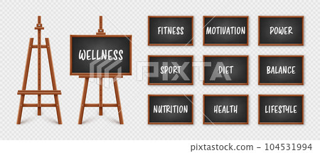 Black chalkboard on wooden easel. Blackboard in wooden frame on a tripod. Presentation board with text, writing or drawing surface. Wellness, healthy lifestyle and motivation. Vector illustration 104531994