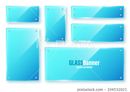 Realistic isolated glass frames collection. Blue transparent glass banners with flares and highlights. Glossy acrylic plate, element with light reflection and place for text. Vector illustration 104532021