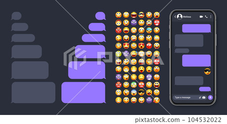 Smartphone messaging app, user interface with emoji. SMS text frame. Chat screen, violet message bubbles. Texting app for communication. Social media application. Dark mode. Vector illustration 104532022