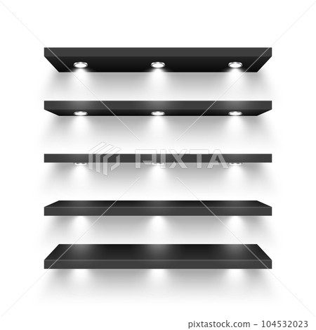 Realistic black store shelves with lighting, spotlights. Empty product shelf, grocery wall rack. Mall and supermarket furniture, bookshelf. Modern interior design element. Vector illustration 104532023