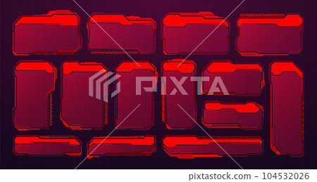Red futuristic HUD or UI elements. Sci-fi user interface text boxes, callouts. Warning message frames, information boxes template. Modern game interface layout in digital style. Vector illustration 104532026