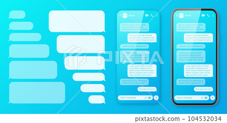 Realistic smartphone with messaging app on colorful blue background. Blank SMS text frame. Chat screen with transparent message bubbles. Social media application. Vector illustration 104532034