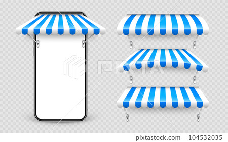 Smartphone with shop sunshade and metal mount, online internet shopping. Realistic blue striped cafe awning. Outdoor market tent. Roof canopy. Summer street store. Vector illustration 104532035