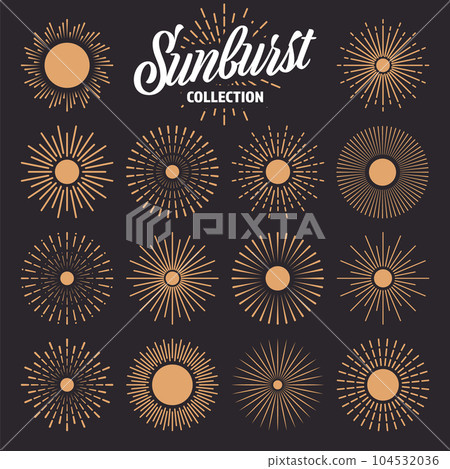 Vintage sunburst, sunset beams collection. Hand drawn bursting sun, light rays. Logotype or lettering design element in retro style. Vector illustration 104532036