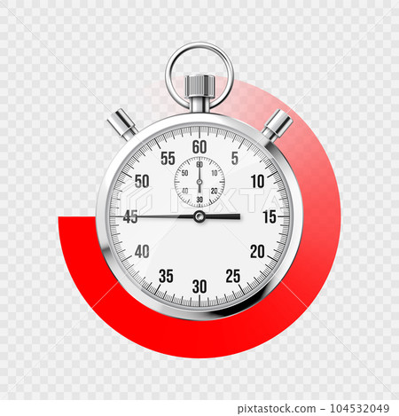 Realistic classic stopwatch. Shiny metal chronometer, time counter with dial. Red countdown timer showing minutes and seconds. Time measurement for sport, start and finish. Vector illustration 104532049