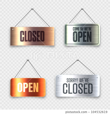 Brushed metal Open and Closed hanging signboards. Vintage door sign for cafe, restaurant, bar or retail store. Announcement banner, information signage for business or service. Vector illustration Brushed metal Open and Closed hanging signboards. Vintage door sign for cafe, restaurant, bar or retail store. Announcement banner, information signage for business or service. Vector illustration 104532619