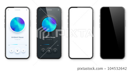 Online audio player user interface, smartphone app UI design. Music, media streaming and listening platform. Responsive mobile application. Neumorphism, neumorphic style. Vector illustration. Online audio player user interface, smartphone app UI design. Music, media streaming and listening platform. Responsive mobile application. Neumorphism, neumorphic style. Vector illustration. 104532642