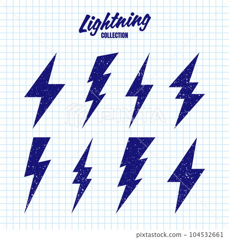 Hand drawn lightning bolt icons with grunge texture on checkered paper sheet. Vintage flash symbol, thunderbolt. Simple lightning strike sign. Vector illustration 104532661