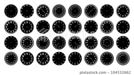 Mechanical clock faces, watch dial with numerals, bezel. Timer or stopwatch element with minute, hour marks and numbers. Blank measuring circle scale with divisions. Vector illustration 104532662