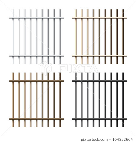 Realistic shiny metal prison bars isolated on white background. Detailed jail cage, prison iron fence. Criminal background mockup. Vector illustration 104532664