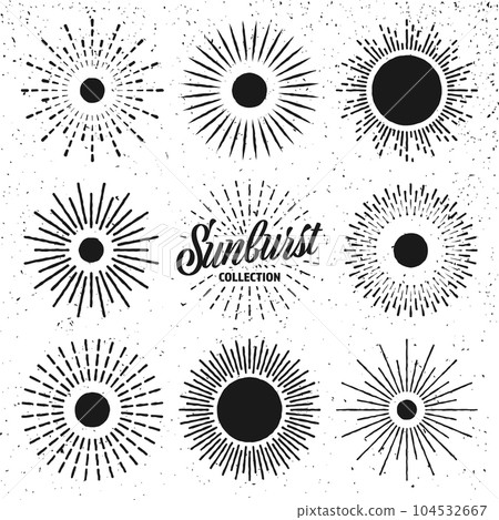 Vintage grunge sunburst, sunset beams. Hand drawn bursting sun, light rays. Logotype or lettering design element in retro style. Vector illustration 104532667