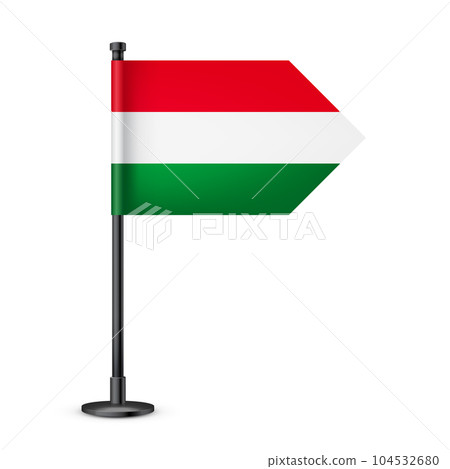 Realistic Hungarian table flag on a black steel pole. Souvenir from Hungary. Desk flag made of paper or fabric and shiny metal stand. Mockup for promotion and advertising. Vector illustration 104532680