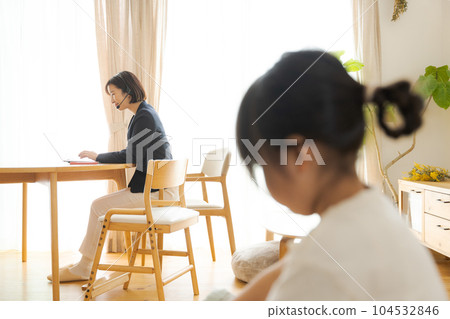 photo of mom and child working from home 104532846