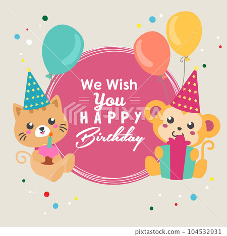 wish you happy birthday with cat and monkey balloon 104532931