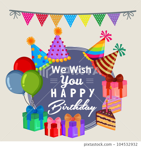 cute wish you happy birthday with party cake flat style 104532932