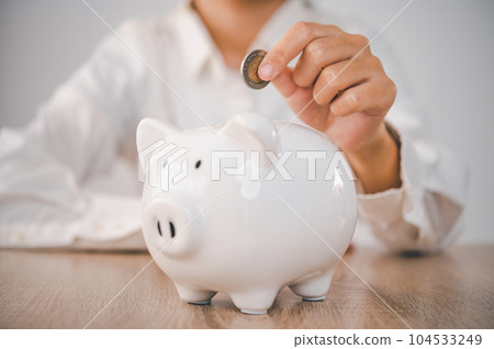 Hand holding coin with pig piggy bank. Saving and financial accounts concept Hand holding coin with pig piggy bank. Saving and financial accounts concept 104533249