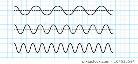 Sinusoid signals set on blue grid paper. Black curve sound wave on checkered paper. Voice or music audio concept. Pulsating line in school notebook. Sine electronic radio graphics bundle. Vector Sinusoid signals set on blue grid paper. Black curve sound wave on checkered paper. Voice or music audio concept. Pulsating line in school notebook. Sine electronic radio graphics bundle. Vector 104533584