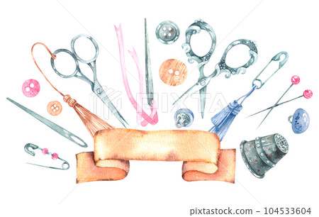 Sewing composition with a ribbon for an inscription on a white background 104533604