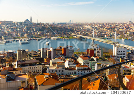 Golden Horn bay with metro bridge and Suleymaniye Mosque in Istanbul Golden Horn bay with metro bridge and Suleymaniye Mosque in Istanbul 104533687