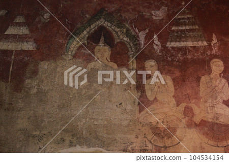 Damaged old mural painting inside the Buddhist temple historic site, Chiang Mai, Thailand 104534154