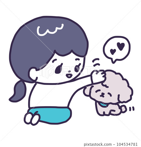 一個可愛的玩具貴賓犬小狗的插圖，它的頭被一個年輕女人撫摸（狗紀律/信任關係） 104534781