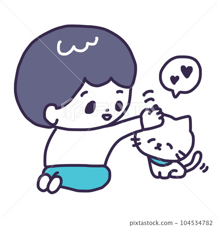 Illustration of a cute white kitten whose head is stroked by a young man (cat discipline / trust relationship) 104534782