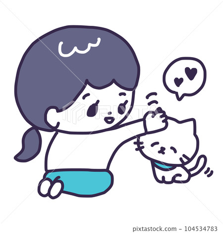 一隻可愛的白色小貓的插圖，它的頭被一個年輕女人撫摸著（貓紀律/信任關係） 104534783