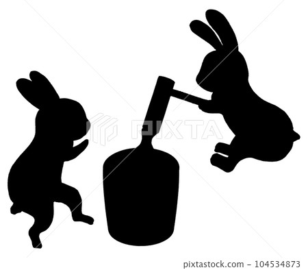Rabbit mochi pounding simple cute black and white illustration silhouette 104534873
