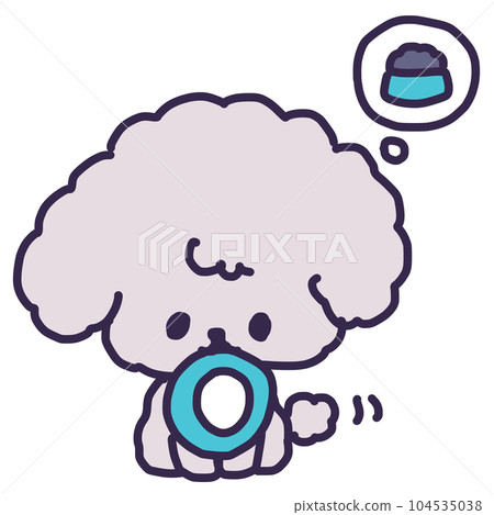 一隻飢餓的可愛玩具貴賓犬嘴裡銜著一個食物碗的插圖 104535038